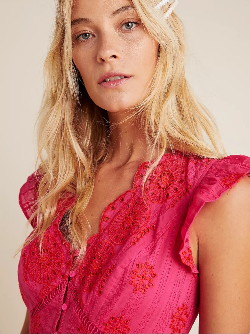 NWT Anthropologie Embroidered Eyelet Scallop Trim Midi Dress Pink Pockets M - Picture 6 of 8